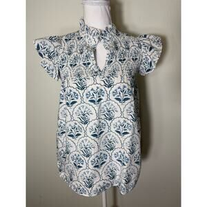 Marigold Blue and White Print Flutter Sleeve Cotton Smocked Top Sz XS